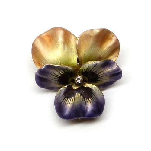 Antique iridescent enamel, diamond and gold pansy brooch, American c.1900